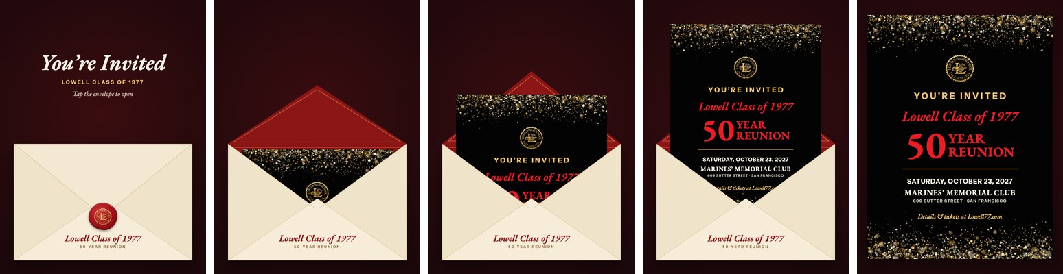 Five steps: sealed envelope; seal off and flap open; invitation sliding out; invitation coming forward; final invitation