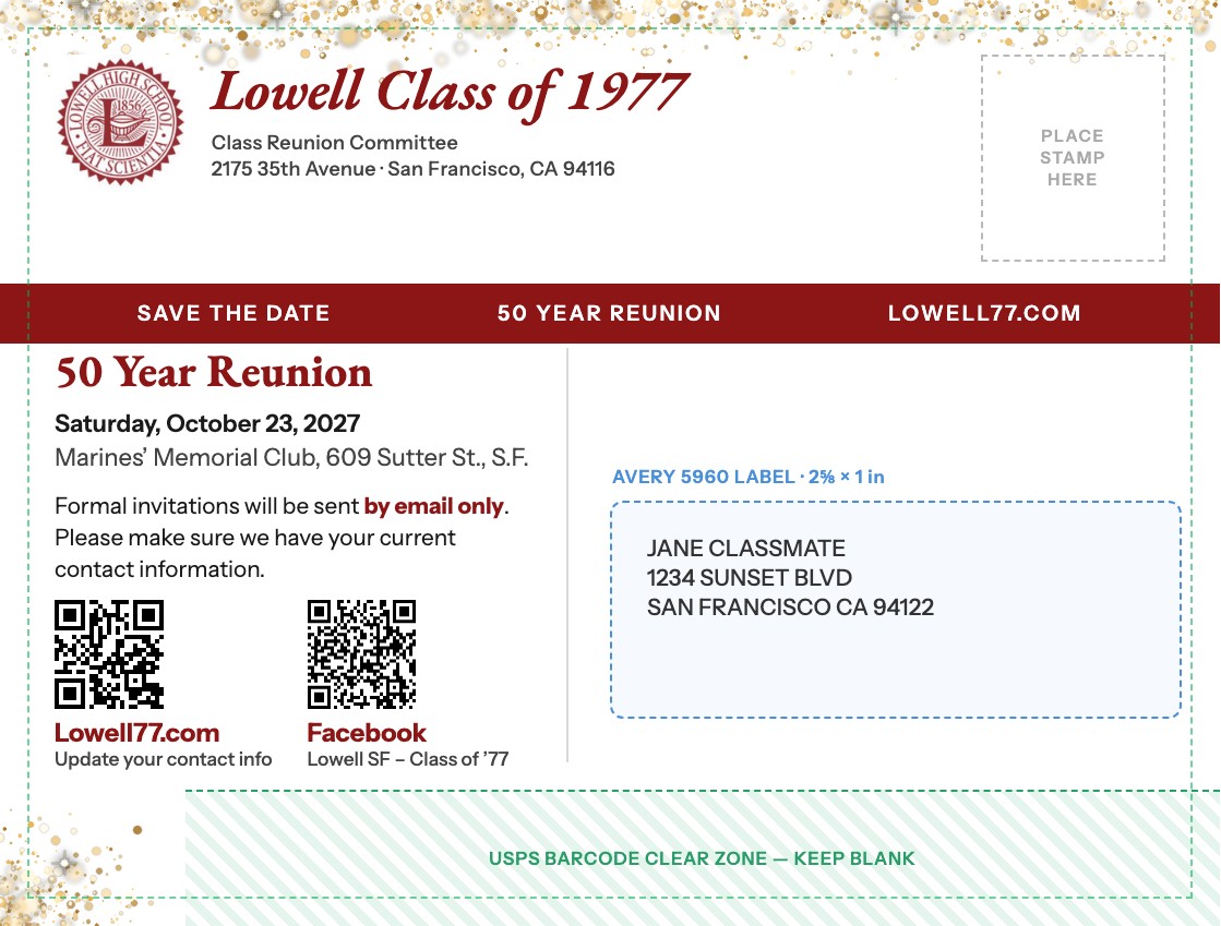 Back of the postcard with guides: a blue dashed box marks the Avery 5960 address label area, a green striped strip along the bottom marks the USPS barcode clear zone, and a green dashed line marks the safe area