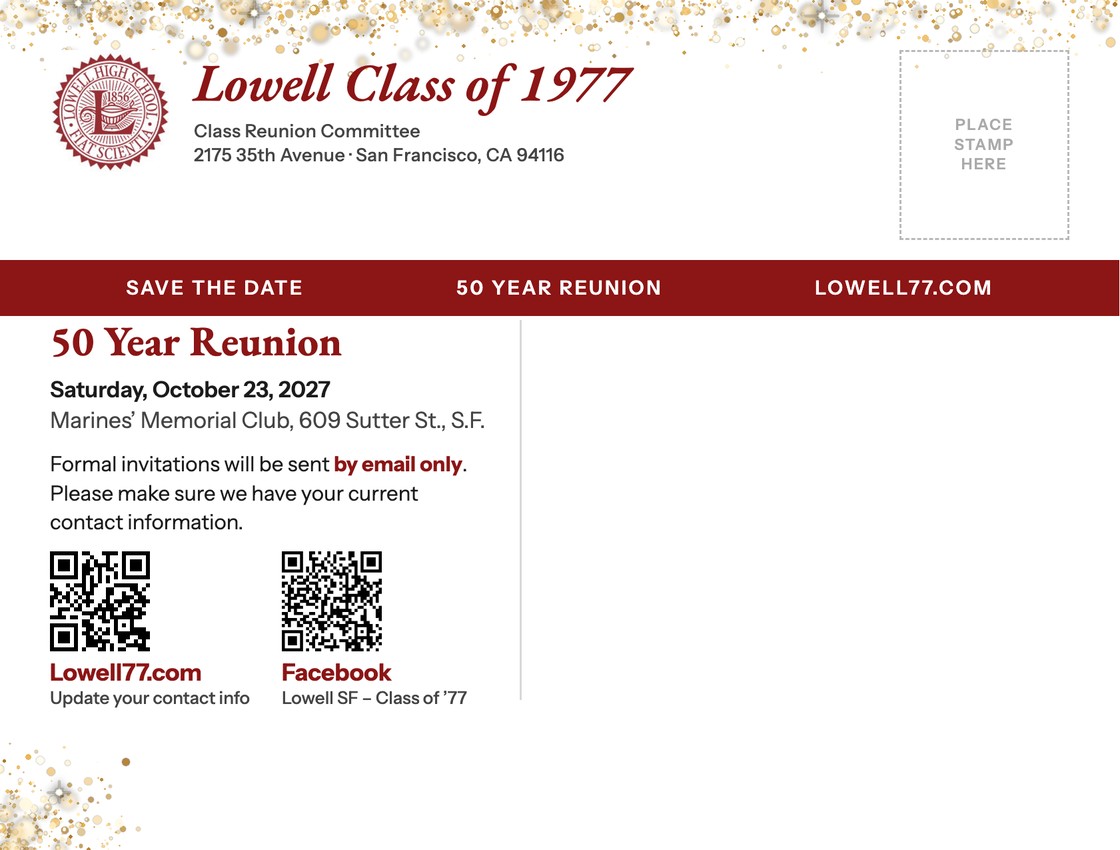 Back of the postcard: return address, stamp box, 50 Year Reunion details, QR codes for Lowell77.com and the class Facebook group, and space for the address label